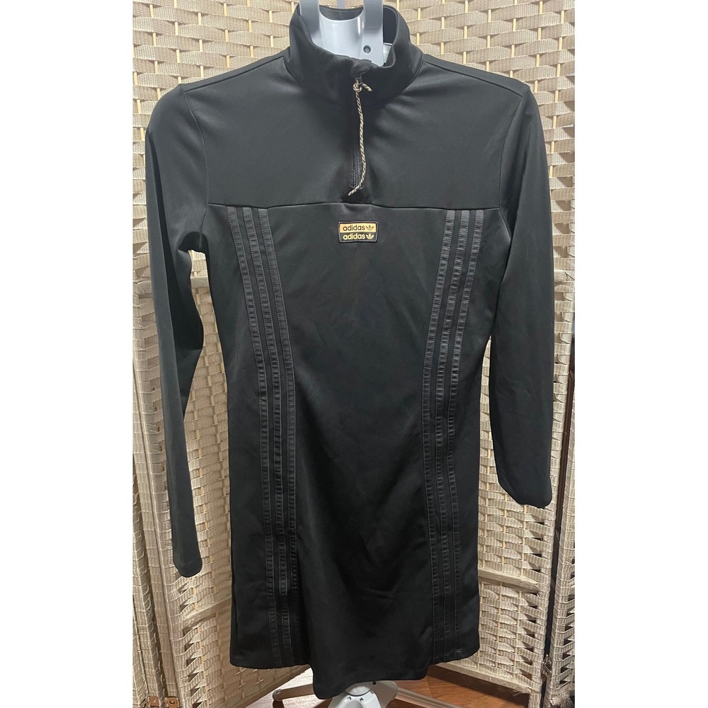 Adidas Originals Womens Black Quarter Zip Long Sleeve 3-Stripe Mini Dress Size M